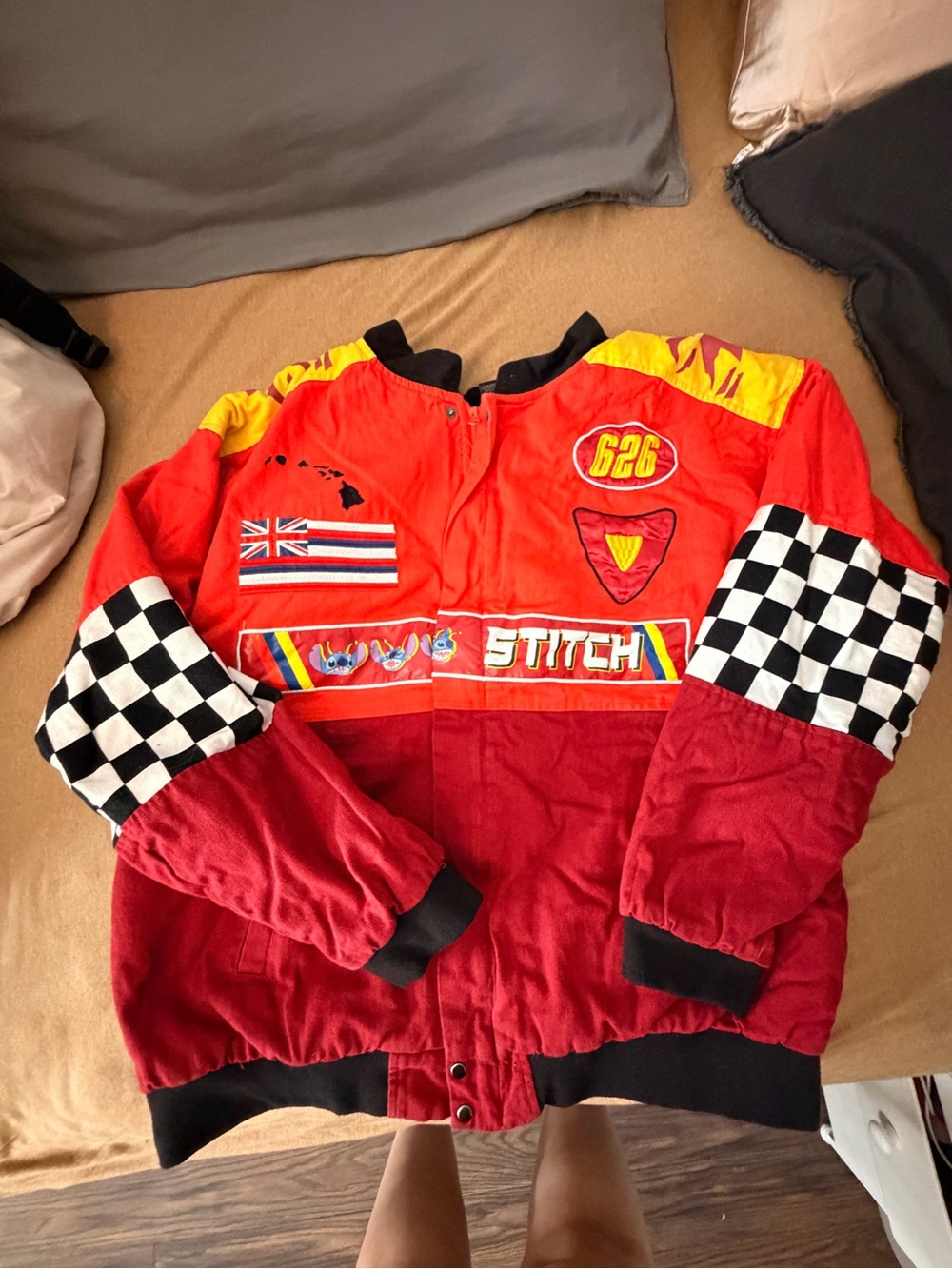 Her Universe Red Patchwork Racing Bomber Jacket with Checkered Sleeves